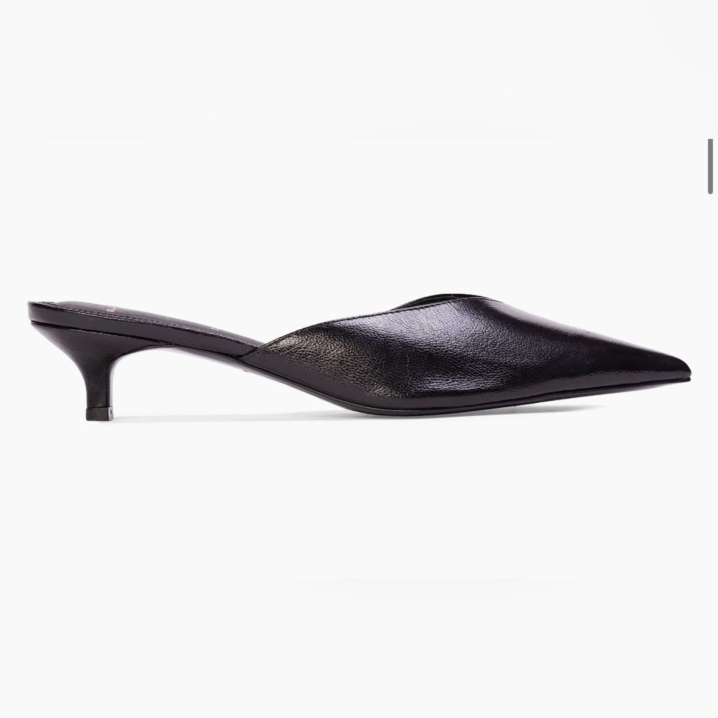 Black Leather Pointed Kitten Heel Mule